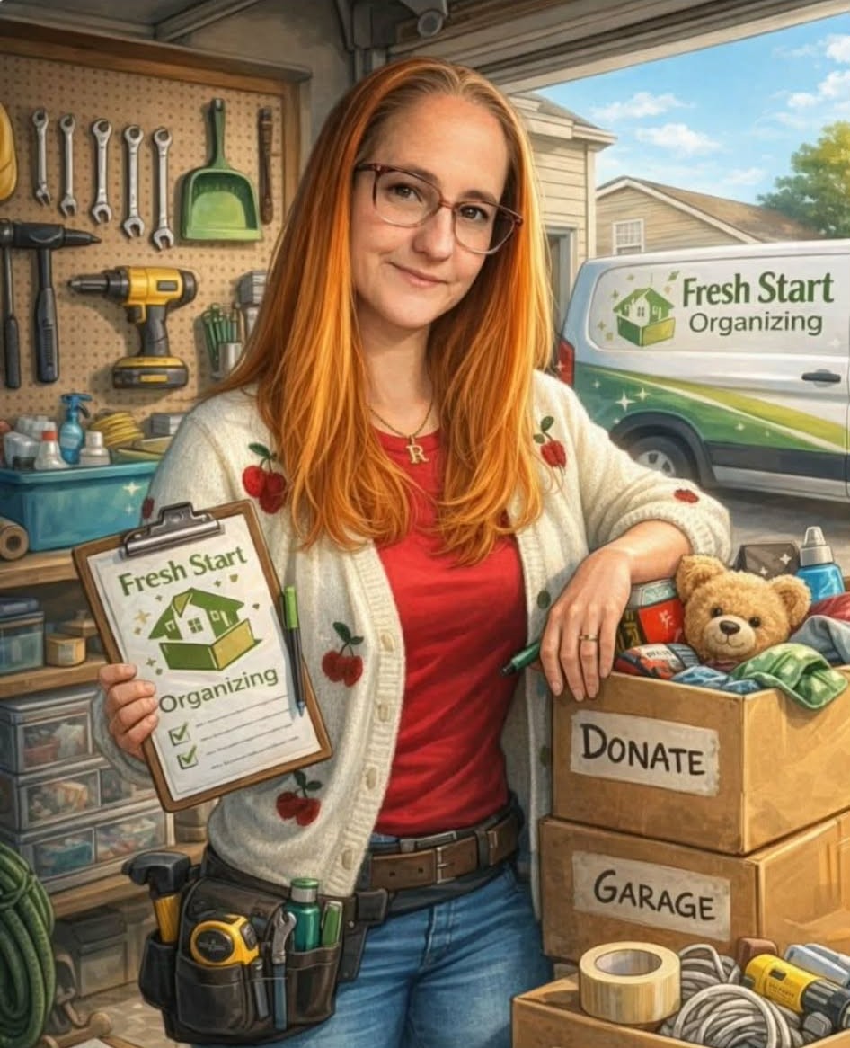 Professional home organizer in Raleigh NC organizing a garage with labeled storage bins